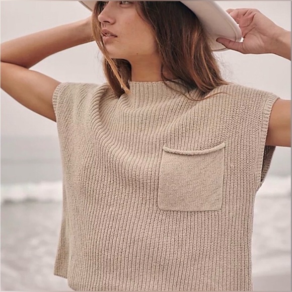 Free People Beach Freya Sweater Sleeveless Oatmeal Beige Large EUC 100% Cotton - Picture 3 of 9